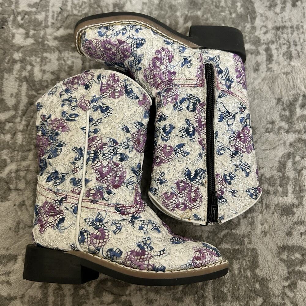 Old West Western Boots Girls Toddler Size 7.0-D Child Floral Sparkle Square Toe - Picture 2 of 12